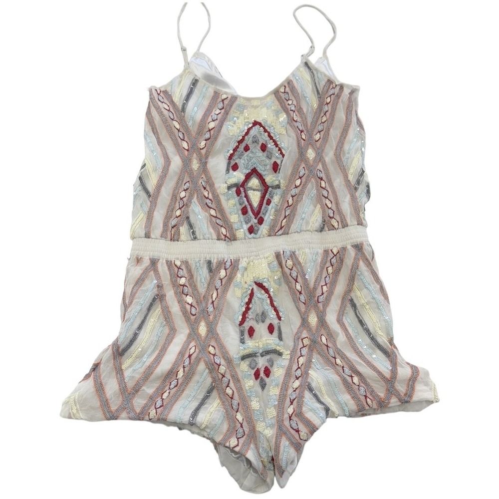 Parker Romper Womens Small White Sequin Silk Geometric Boho Festival - Picture 3 of 12